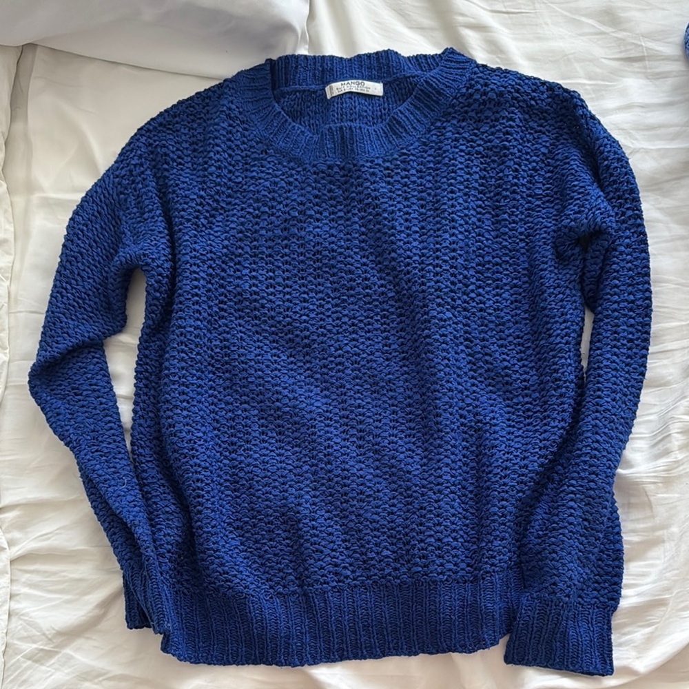 Mango Blue Crewneck Sweater with Textured Knit